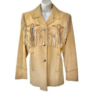 Cripple Creek Suede Fringe Western Jacket Womens L Tan Beaded Leather